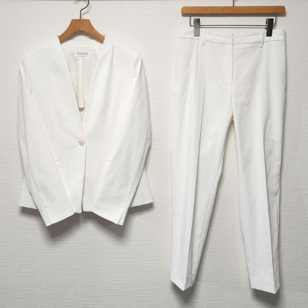 プラステ　レディース　スーツ　セットアップ　ホワイト　ノーカラー　テーパード セットアップ 「洗濯機OK♪ストレッチで動きやすい♪シワになりにくい