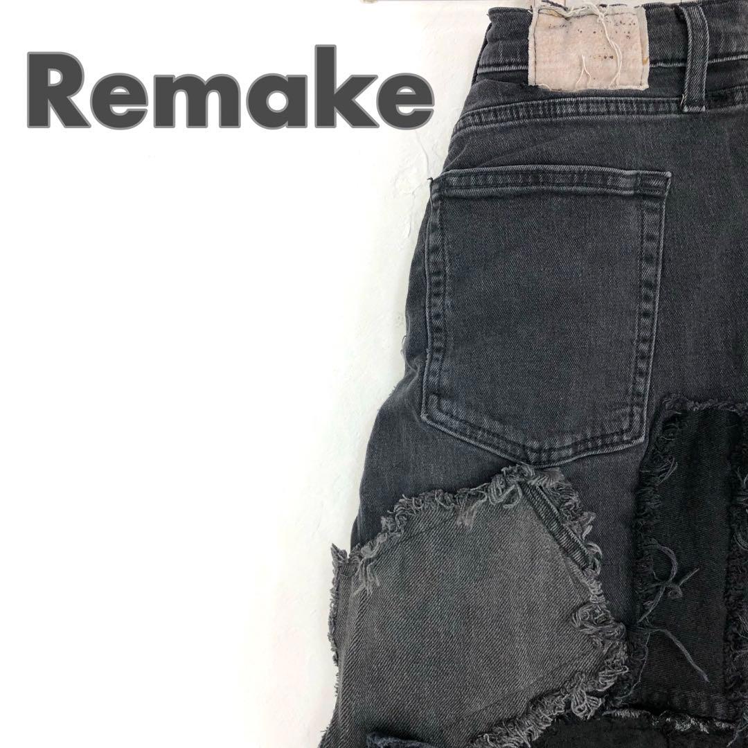 3052 リメイク　デニムスカート　再構築　パッチワーク　黒 リメイク ブラックデニム スカート リーバイス 革タグ 再構築 パッチ