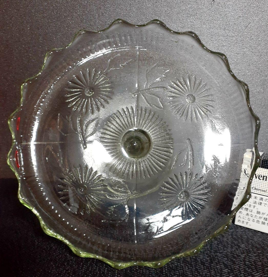 大正時代～戦前戦後 プレスガラス 口縁 波文様 草花の図 コンポート