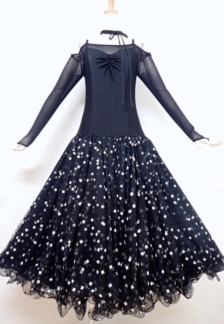 B1584★美品★M★黒/オフ白/ワンピース/スタンダードドレス☆社交ダンス タカダンス スタンダードドレス 3S-00159A ｜社交ダンス スタンダード