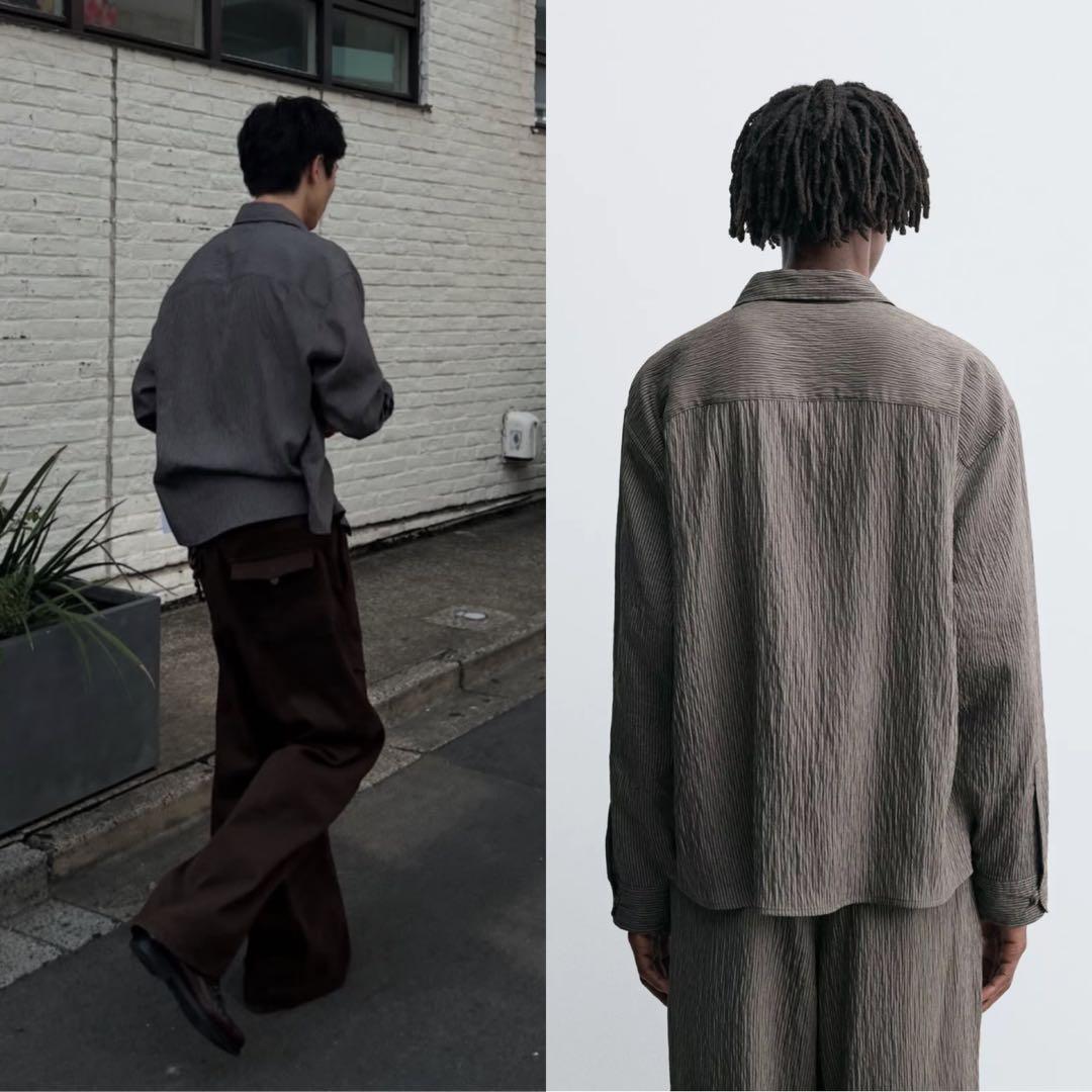 範*郎様 新品 ZARA しわ加工ストライプ柄フルイドシャツ S グレー