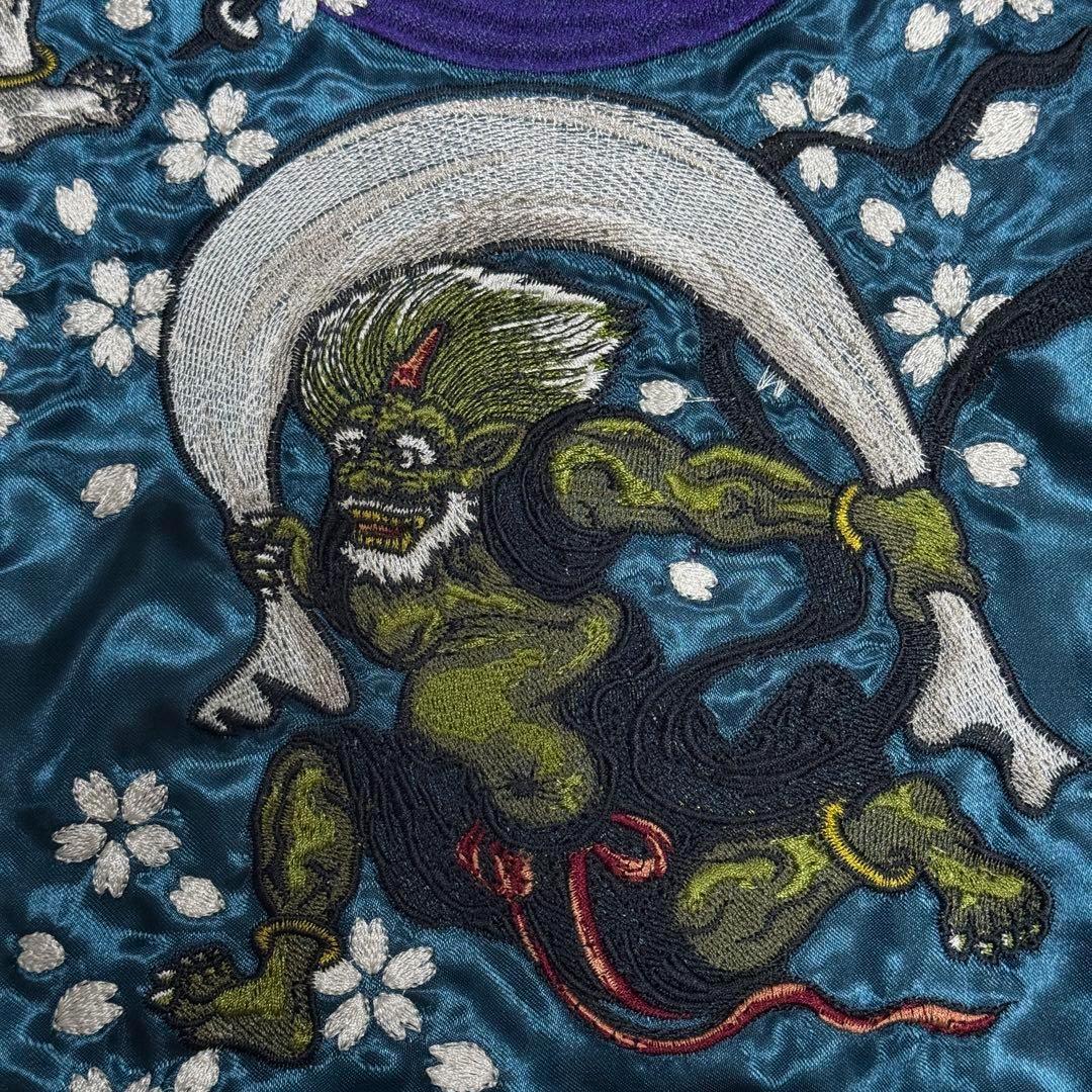 美品】一心如鏡 スカジャン 風神&雷神 刺繍 さくら サテン ブルー 4L