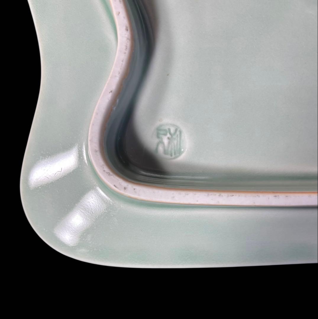 4枚セット] 青磁 鳳凰 長角皿 在銘 角皿 陽刻 陶器 和食器 料亭 割烹