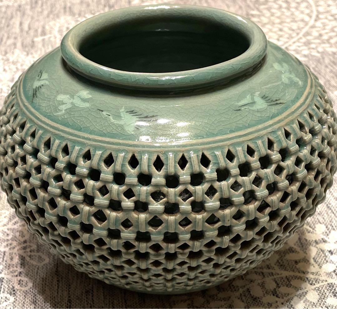 海日 青磁 花瓶 高麗 網目 透かし編み目 韓国 骨董品 壺 美品