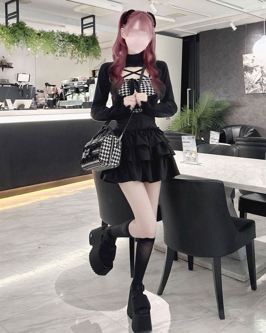 ハニーミュウ 千鳥柄ハイネックアンサンブルトップス XS 最安 Honeymew ハニーミュウ 千鳥柄ハイネックアンサンブルトップス