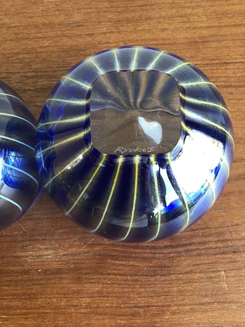 高梨良子作　縞ガラス　ぐい呑み　小鉢　サラダボウル　2個セット