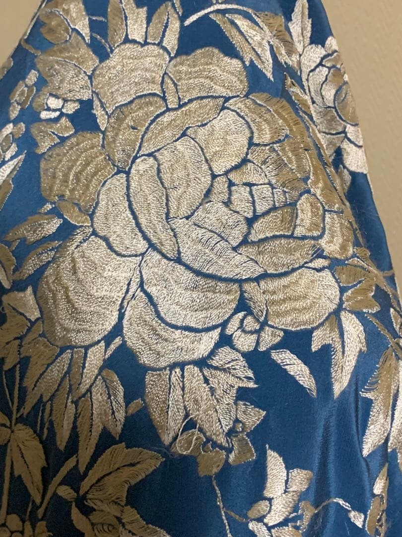 フラメンコ衣装 大判マントン シルク ターコイズブルー✖️サンド