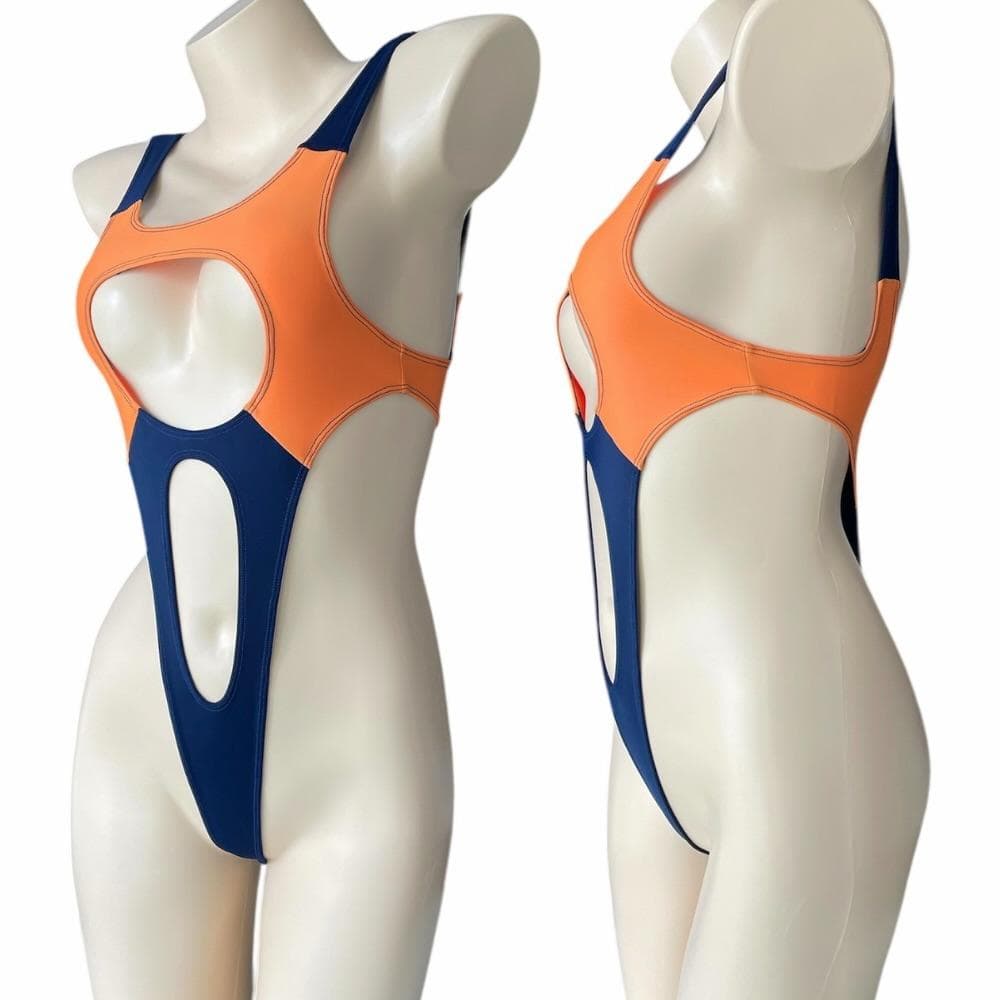 レオタード　ハイレグ　穴あき　オレンジ×ネイビー