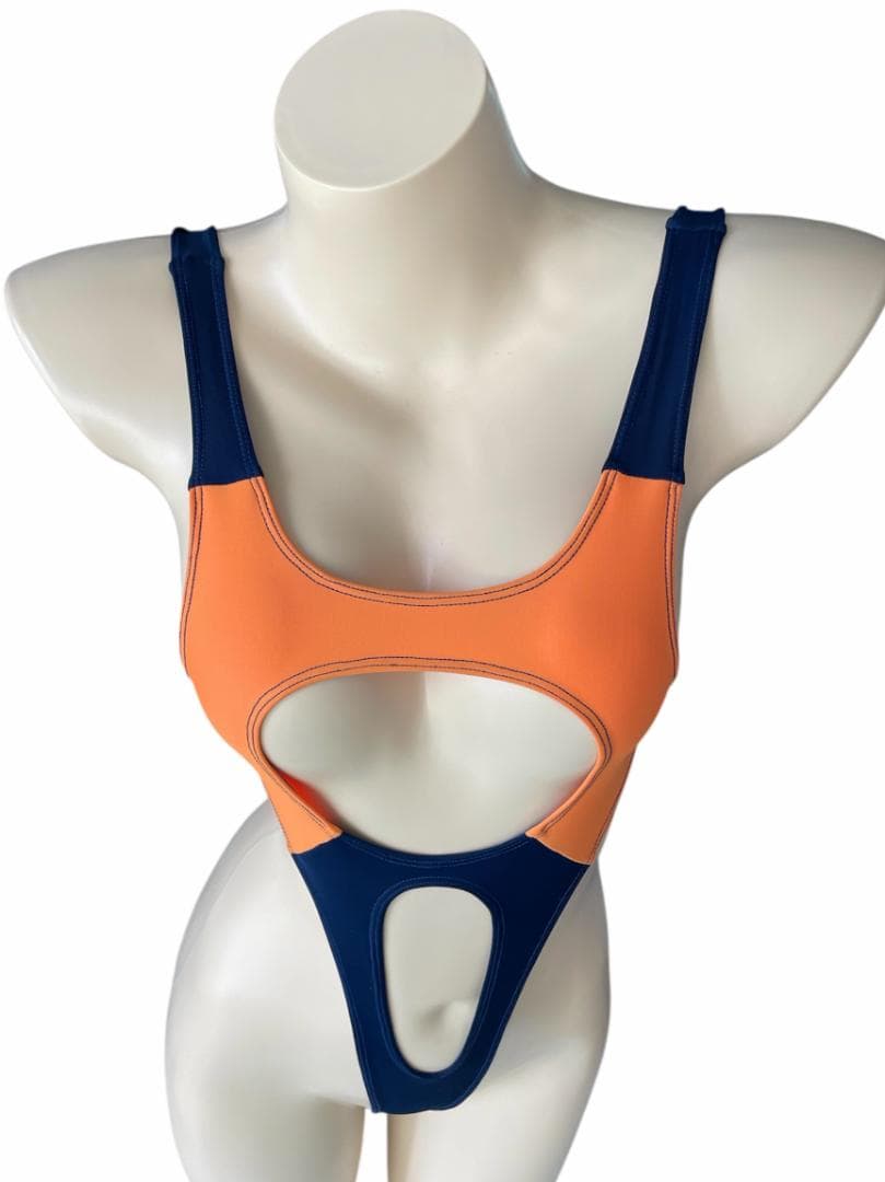 レオタード　ハイレグ　穴あき　オレンジ×ネイビー