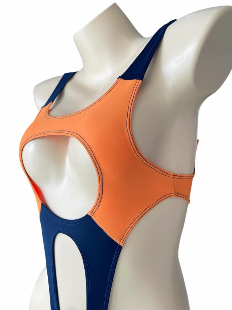レオタード　ハイレグ　穴あき　オレンジ×ネイビー