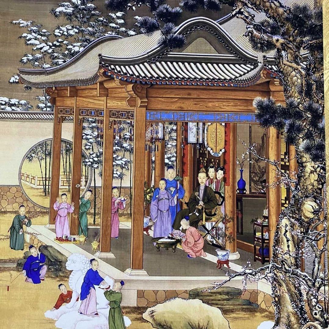 郎世寧 雪景人物図　四尺中堂掛け軸　中国宮廷画　宣紙　書画工芸