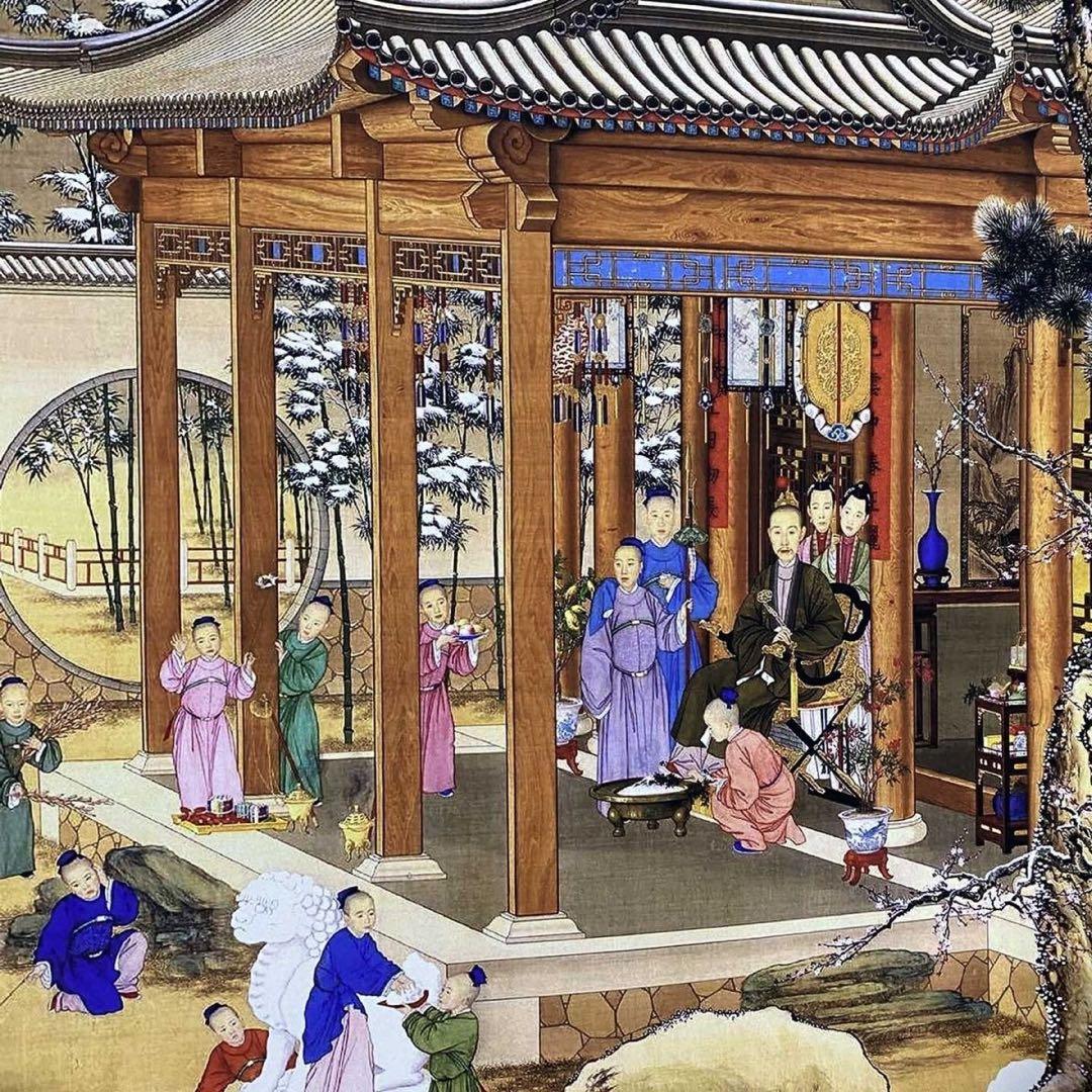 郎世寧 雪景人物図　四尺中堂掛け軸　中国宮廷画　宣紙　書画工芸