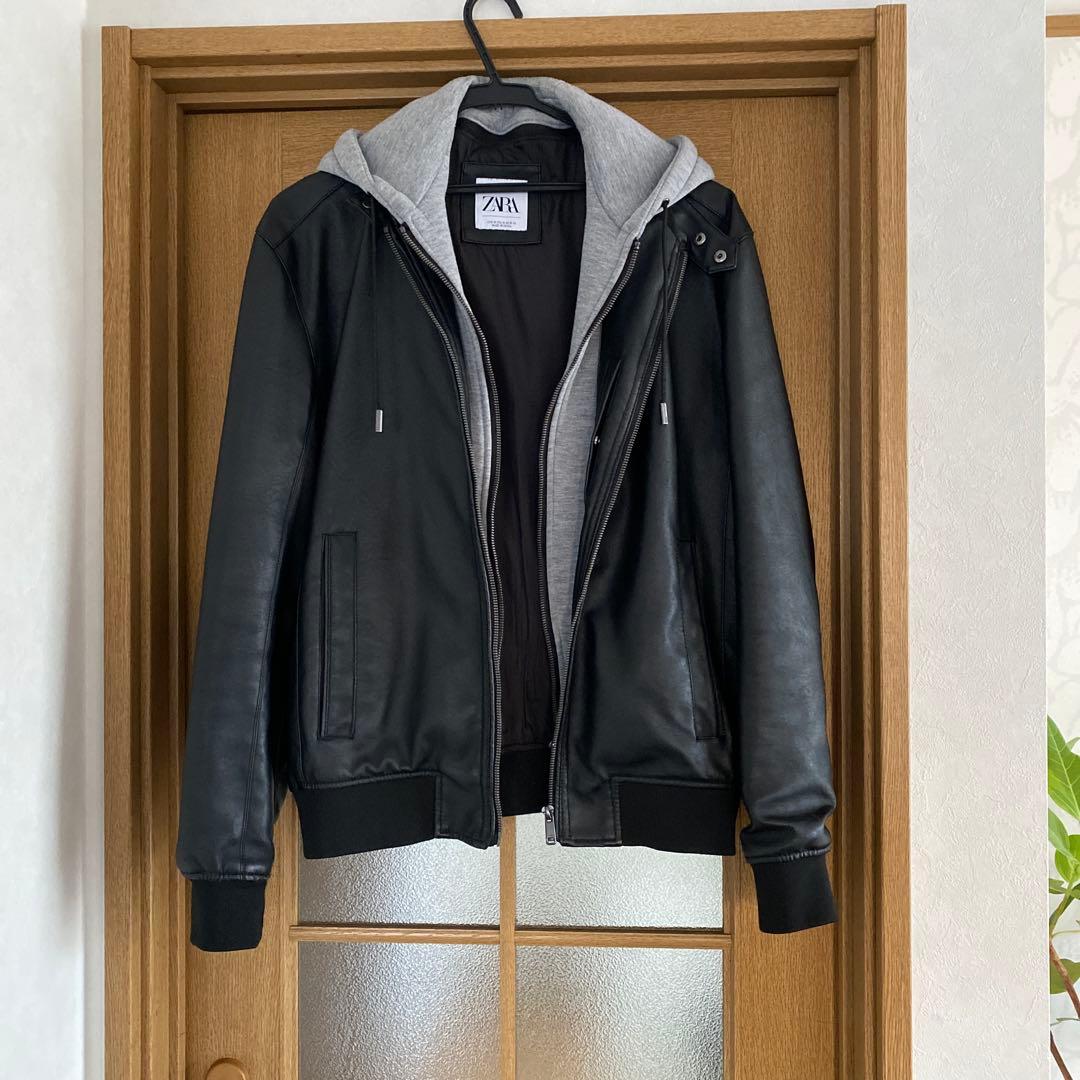 ZARA フェイクレザーパーカー付きジャケット M～L - メルカリ