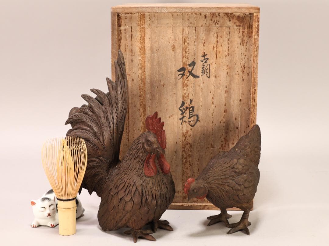 BK442 時代金工 古銅 双鶏 置物 ブロンズ 床飾り 金運 仕事運 子孫繁栄