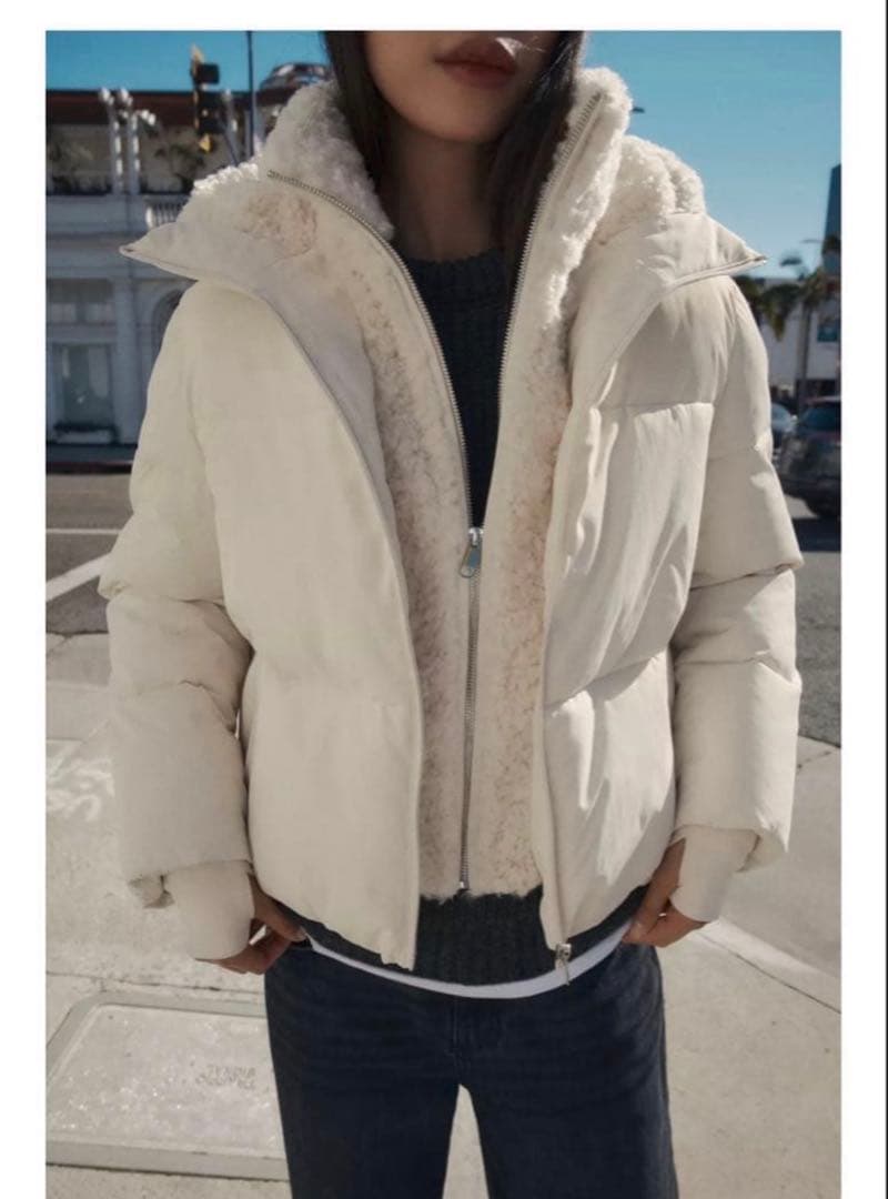 ZARA フェイクシープスキンフード付き撥水ウィンドブレーカー