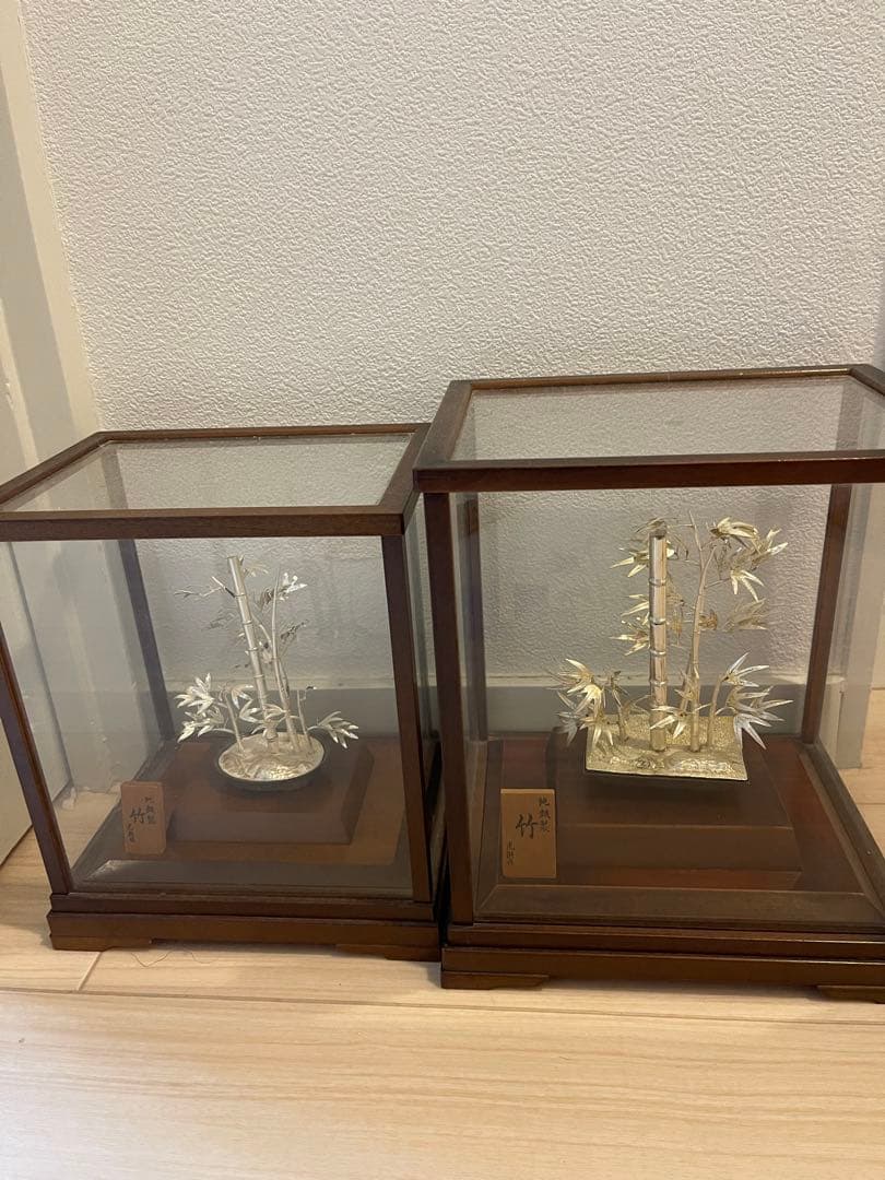 洋銀製純銀仕上 光則作 竹盆栽 銀細工置物 ガラスケース付 2個