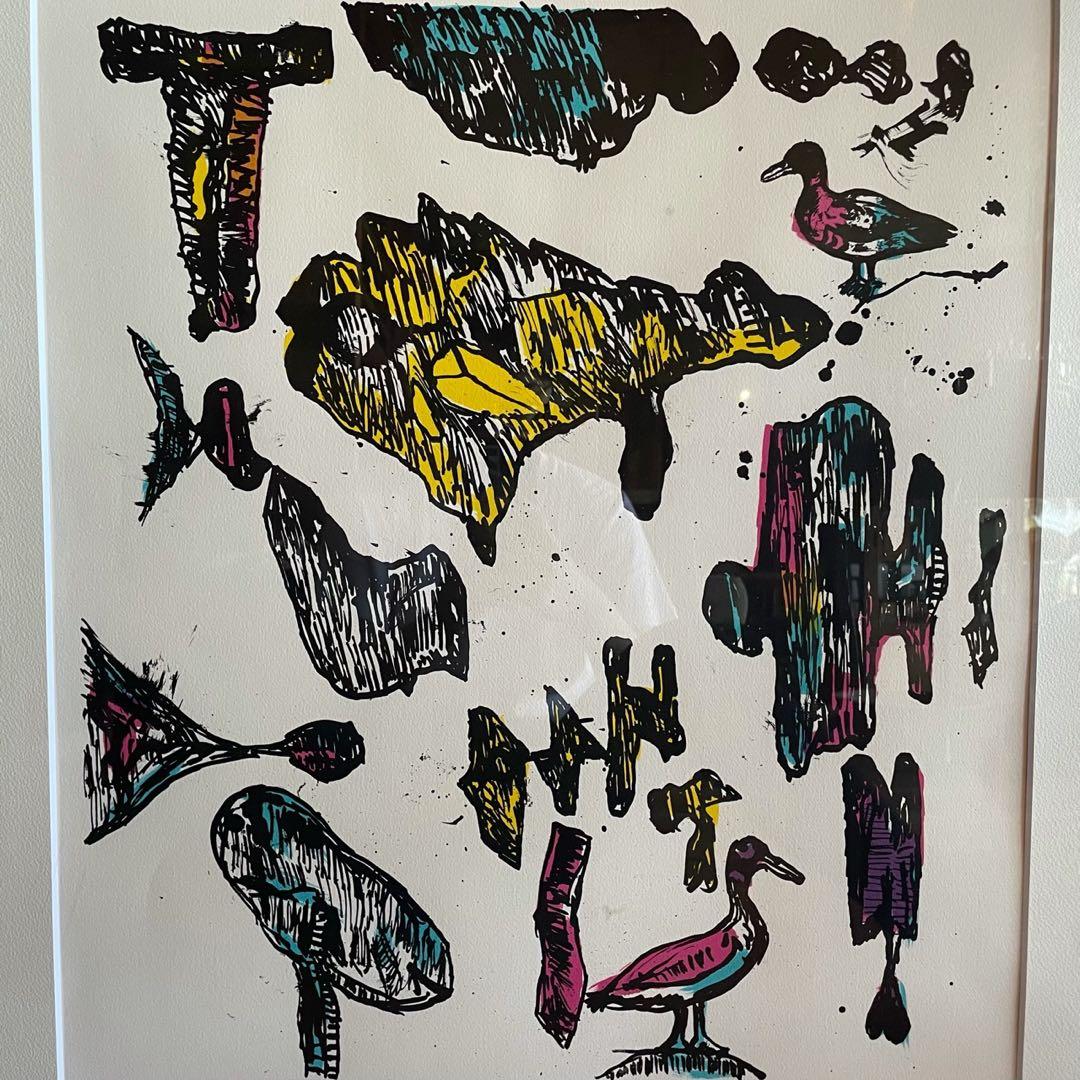 猪熊弦一郎 リトグラフ 鳥 モチーフ 本人サインあり 額付 23.10.29ー3