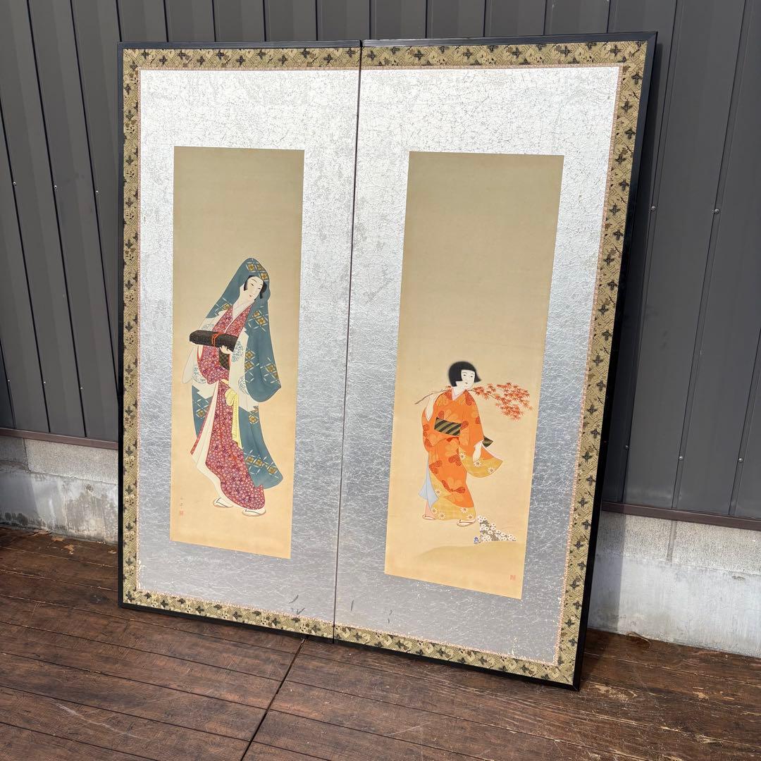 昭和レトロ 日本画 美人画 二曲屏風 白洋 落款あり 衝立 日本画家 白洋 印 昭和レトロ 日本画 美人画 二曲屏風 白洋 落款あり 衝立 日本画家 白洋