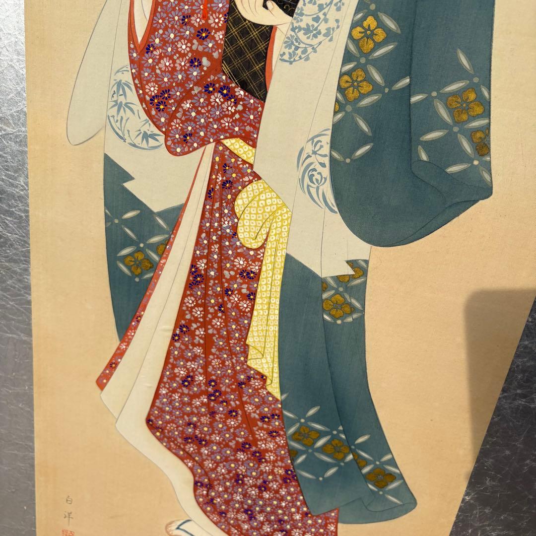 昭和レトロ 日本画 美人画 二曲屏風 白洋 落款あり 衝立 日本画家 白洋