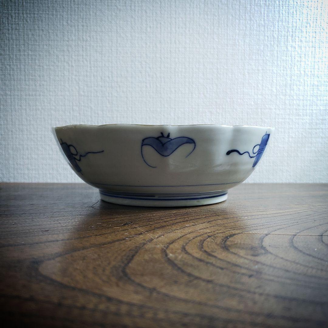 なます皿 蝙蝠 コウモリ 唐花 色絵付 染付 古伊万里 明治 大正 訳あり