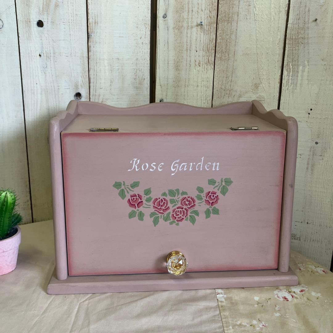 バラの花模様 木製ブレッドボックスピンク 薔薇のステンシル