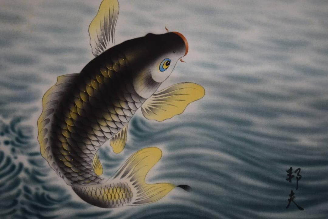 真作/邦夫/松鷹に鯉図/桐共箱付/布袋屋掛軸HG-406