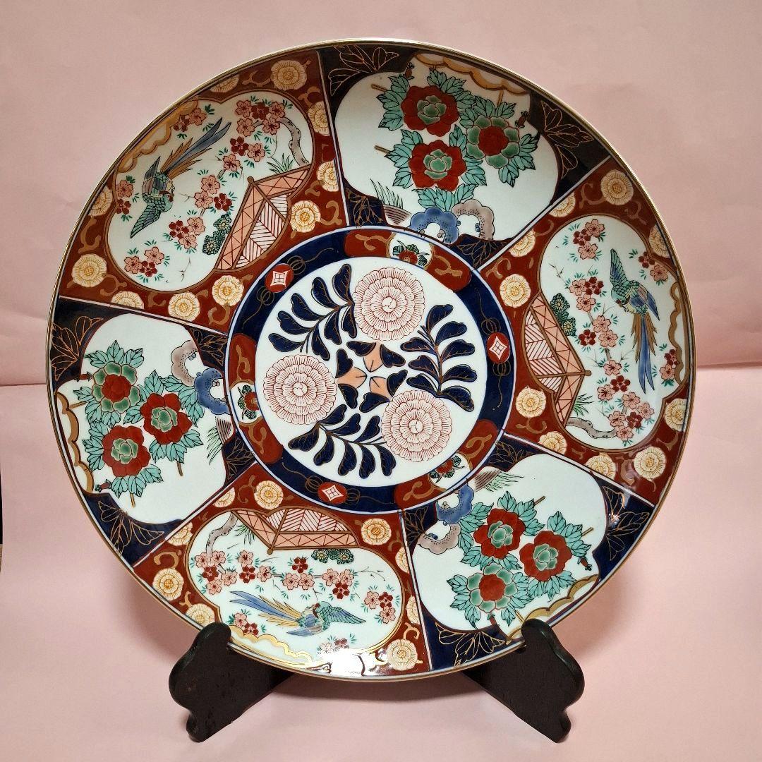有田焼 秀峰窯 額皿 大皿 金彩染錦 輪花 飾り皿 花柄 46cm 皿立付 鳳凰