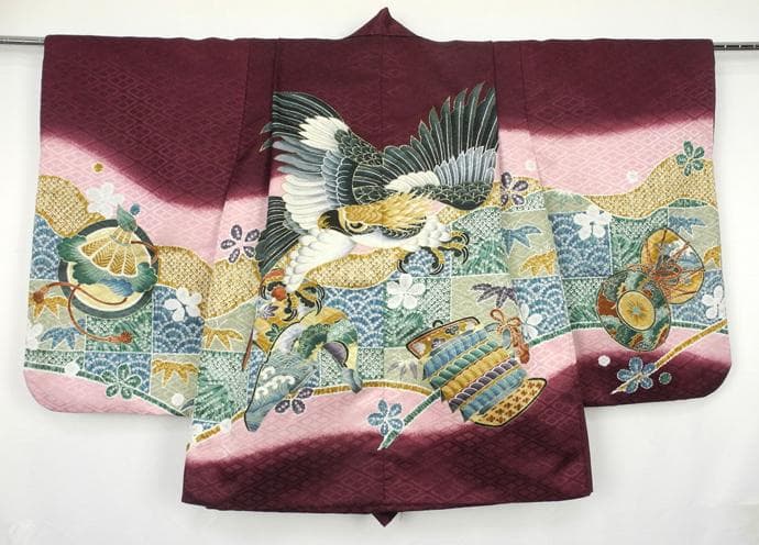 七五三・祝い着に ◇赤紫色系 鷹◇3歳男の子着物・羽織・袴セット6042