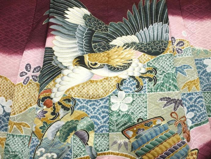 七五三・祝い着に ◇赤紫色系 鷹◇3歳男の子着物・羽織・袴セット6042