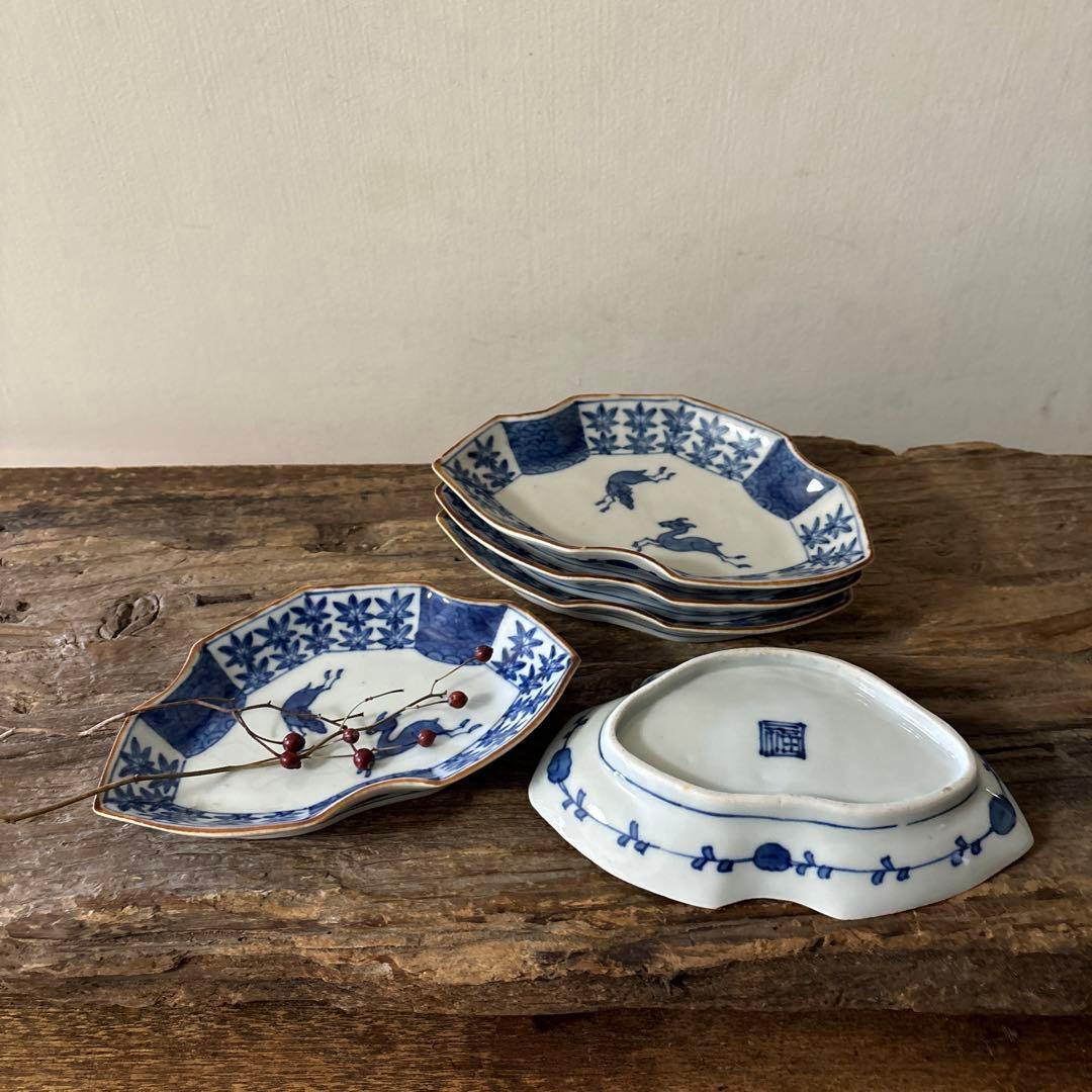 アンティーク変形小皿5点　明治　大正　印判染付古道具　検:白洲正子　李朝 染付印判小皿 5枚組 松竹梅紋様 小皿 取り皿