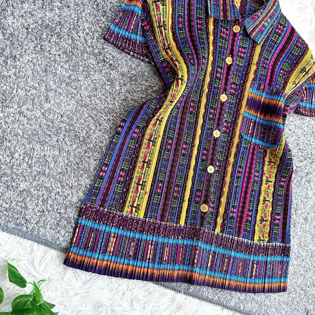 美品 日本製 プリーツプリーズ 半袖シャツ ブラウス マルチカラー y2k