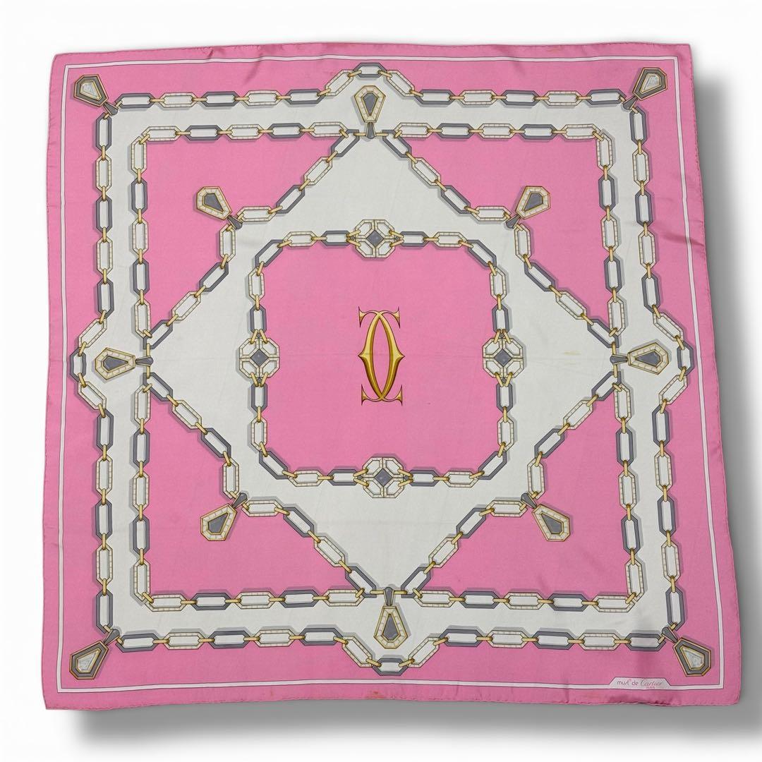 希少 タグ付 カルティエ シルクスカーフ 大判 チェーン柄 ピンク