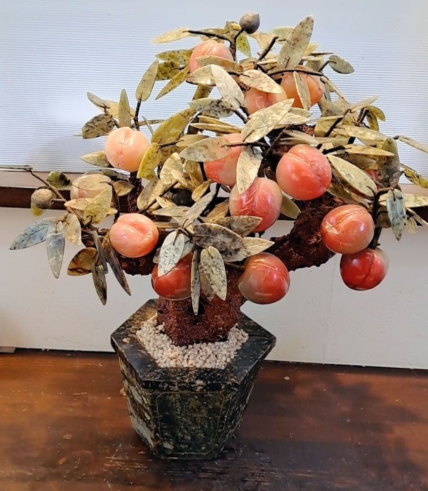 【中国美術品】玉石盆栽 桃の木 翡翠 天然石 中国美術 翡翠 桃の木 玉石桃木 石細工 - メルカリ