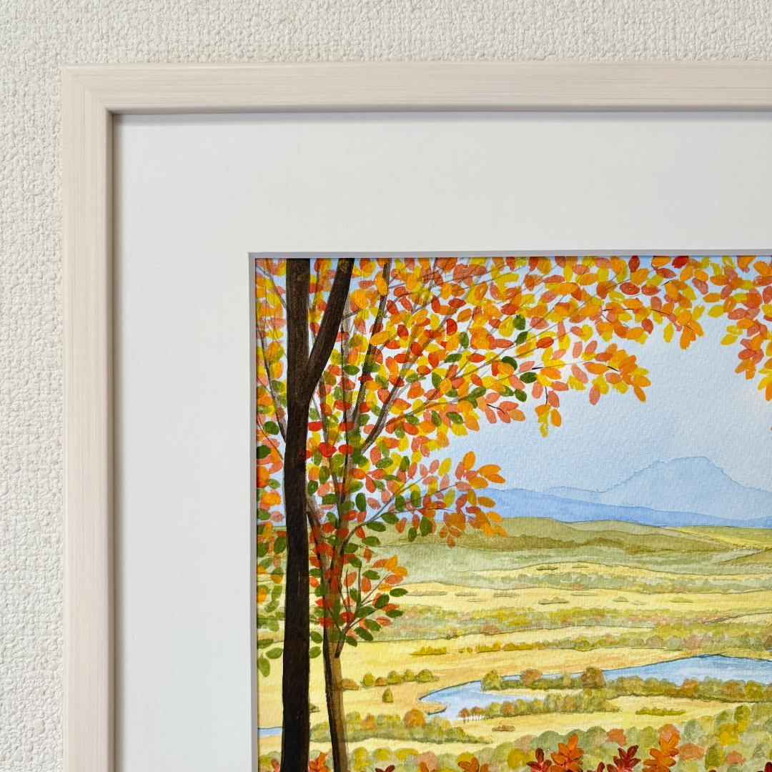 透明水彩画 原画 「釧路湿原・秋01」額縁付き F4サイズ 風景画