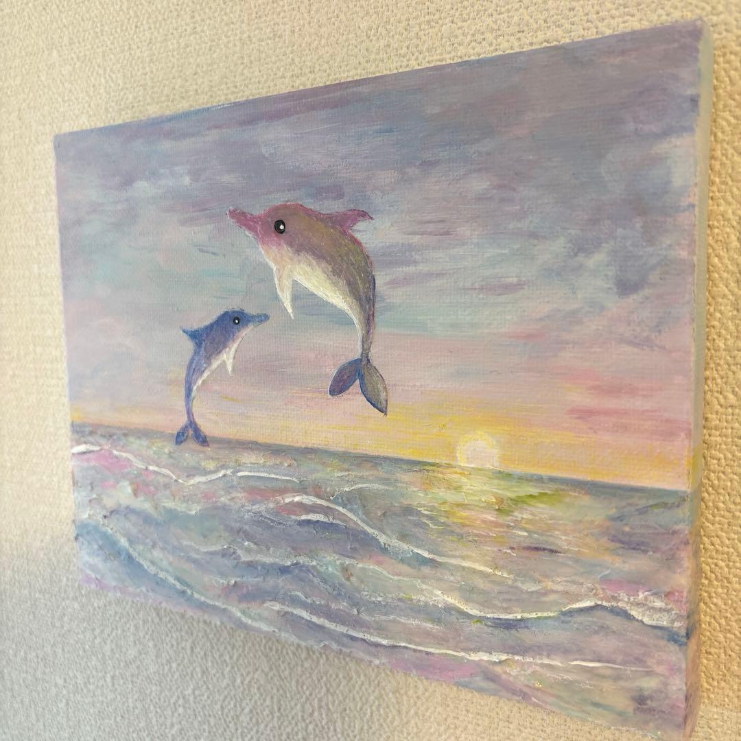 テクスチャーアート アクリル画 現代アート イルカ 海 夕日 原画 #65