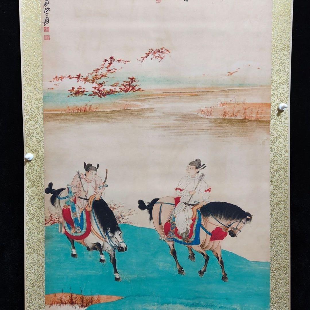 中堂 掛け軸 張大千 騎馬 唐人行猟 人物画 中国画 山水人物 - メルカリ