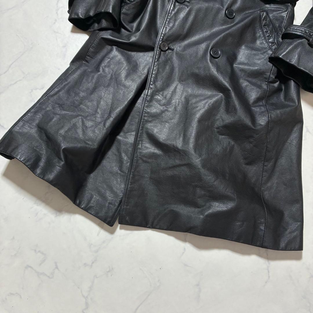 美品✨VINTAGE レザー トレンチコート ロング ダブル ベルト 黒 L位