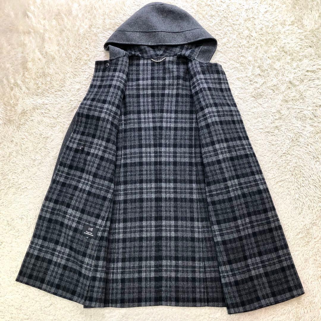23区 ダッフルコート ウール混 裏地チェック ロング フード 40 L