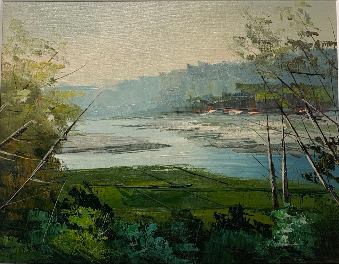 絵画　油彩肉筆画　真作　府川誠『海辺』