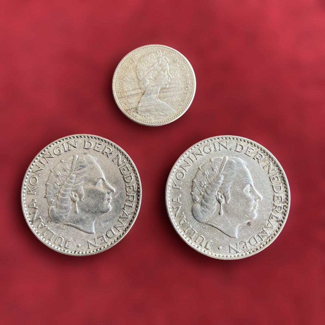 希少銀貨カナダ10セント1965年オランダ、ギルダー1956.56年2枚さ
