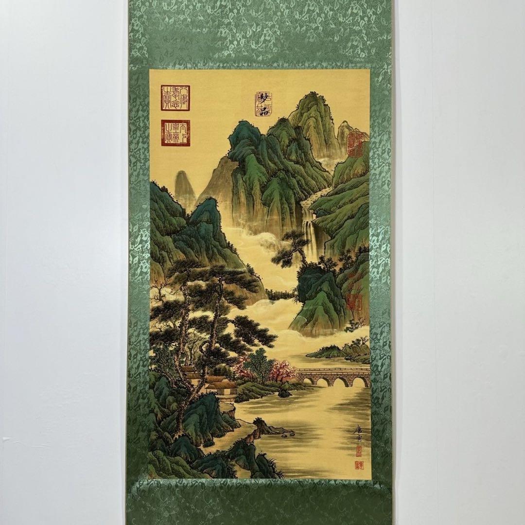 中国山水画 掛け軸 唐寅《松環水秀》 三尺 中堂掛け軸／防伪标识付き／実物撮影