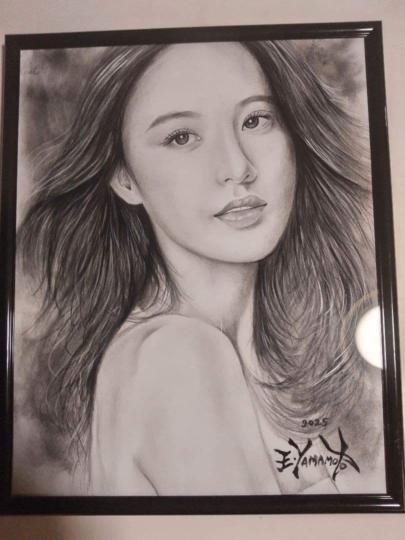 裸婦、美人画、絵画、8切、瞳の先。山本英二、真作、肉筆、額縁、高塚