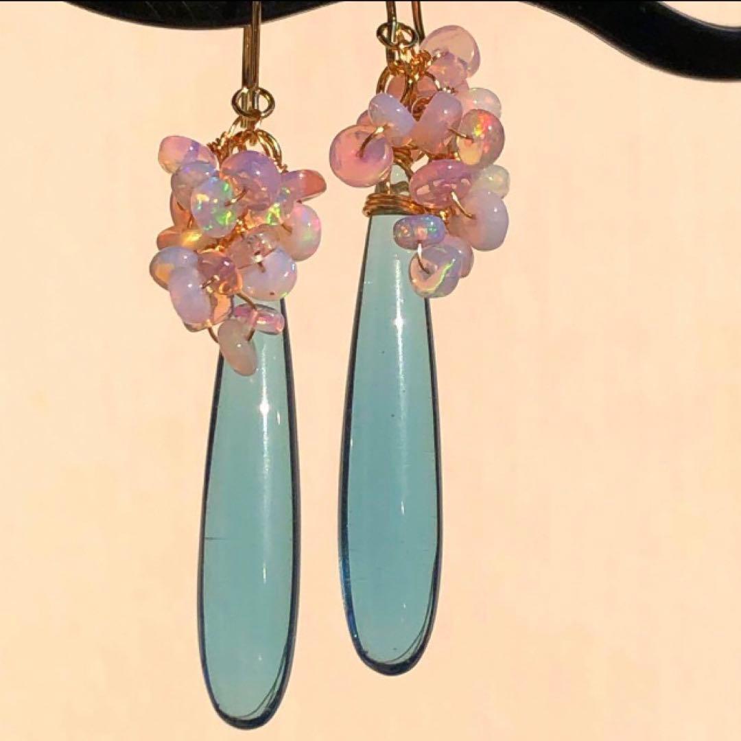 天然石♡桜プレシャスオパール×ティールブルーのピアス14kgf