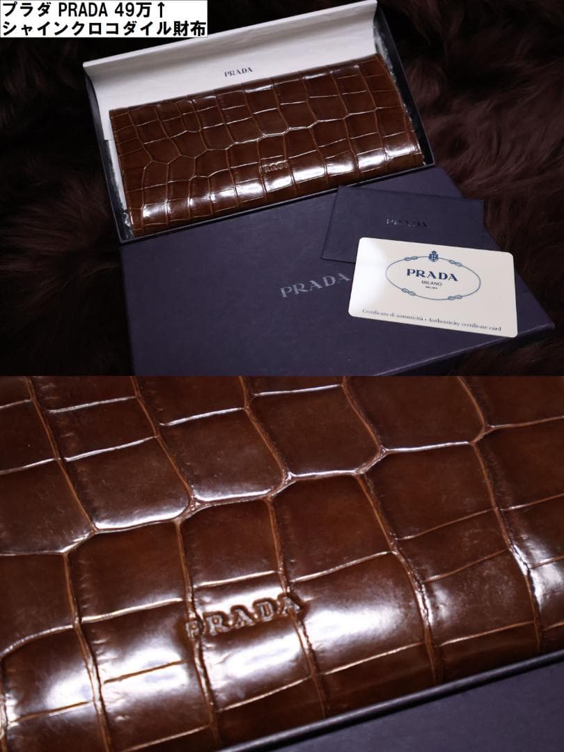 新品プラダ PRADA 49万↑ ロゴ刻印 シャインクロコダイルレザー 長財布 PRADA（プラダ） レザー プレートロゴ 二つ折り 財布 メンズ