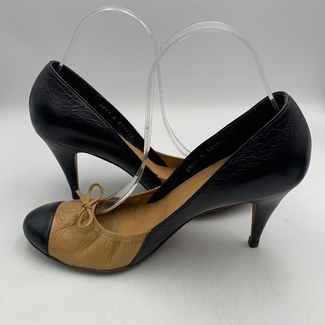 V945 シャネル パンプス 38.5 約 24.5cm ベージュ ブラック