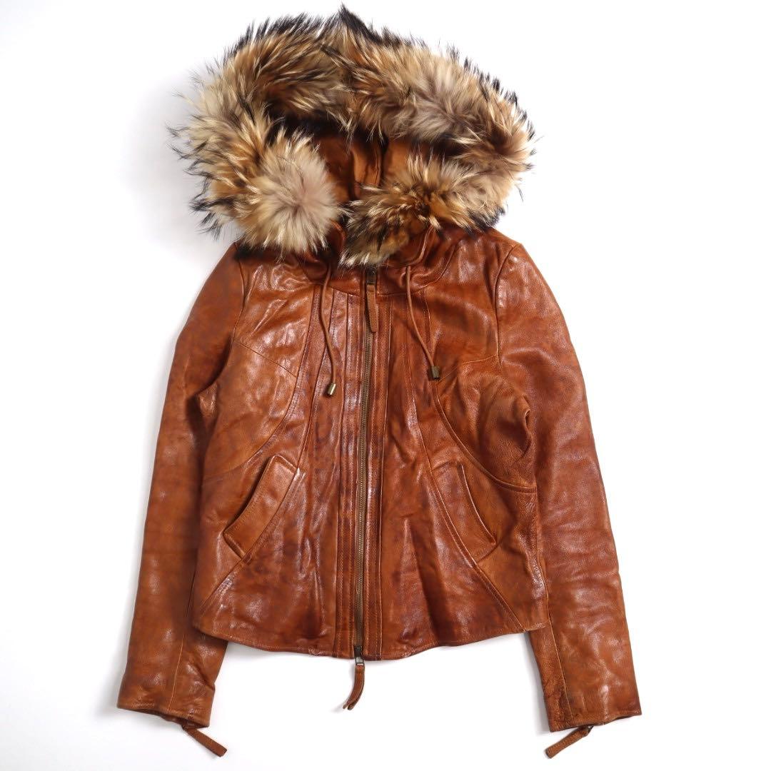 goaゴア☆ラクーンファー付羊革レザージャケット中古キャメル、レア