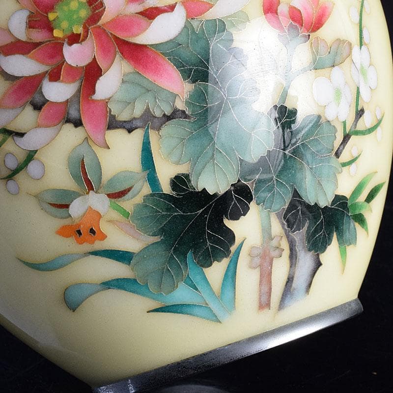 七宝焼 林武生作 黄地 四君子文 花瓶 共箱 M R9341H