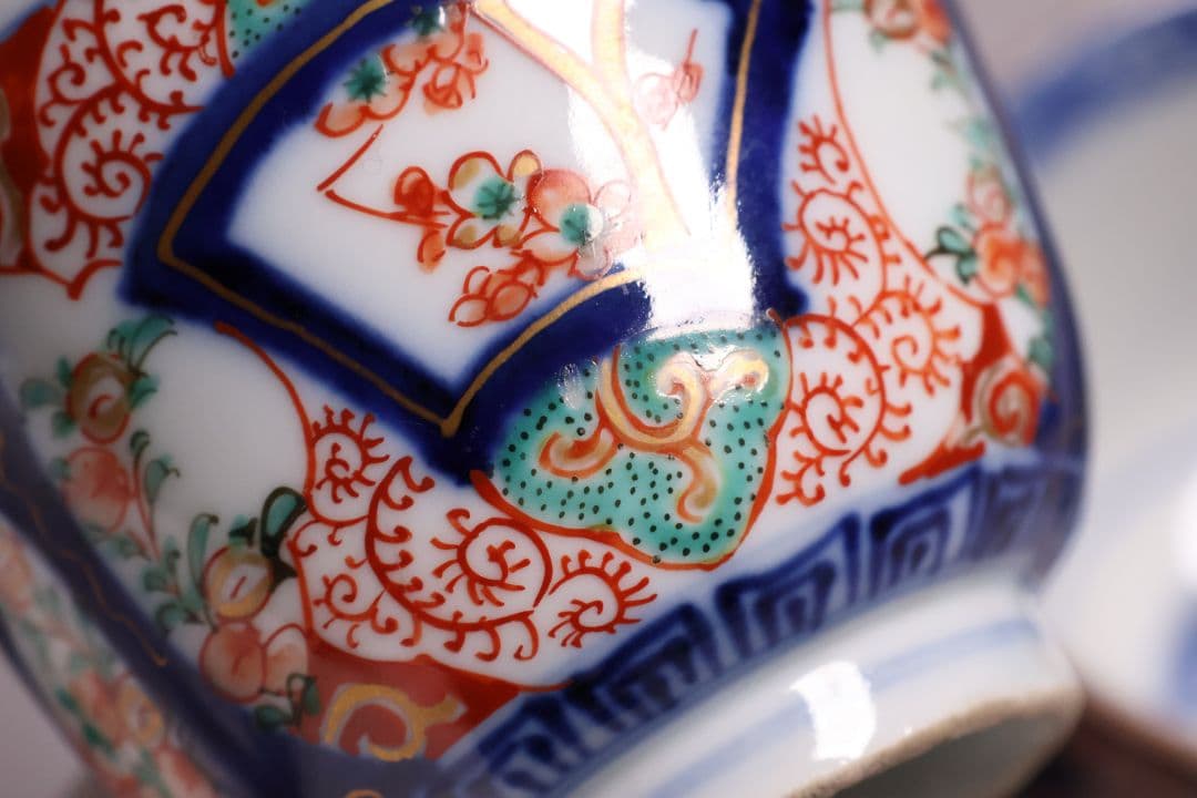 CM125】古伊万里 扇面 色絵向付 五客 猪口 小鉢 扇面 草花 唐草 錦