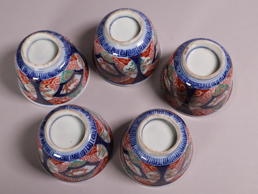 CM125】古伊万里 扇面 色絵向付 五客 猪口 小鉢 扇面 草花 唐草 錦