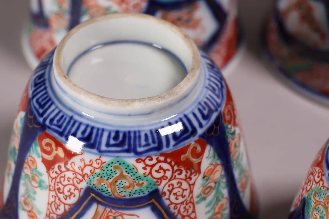 CM125】古伊万里 扇面 色絵向付 五客 猪口 小鉢 扇面 草花 唐草 錦